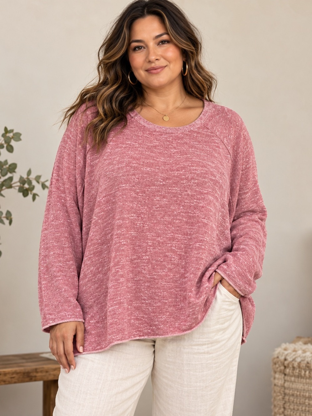 Eileen Fisher Pink Organic Linen Cotton Slub Knit Oversized